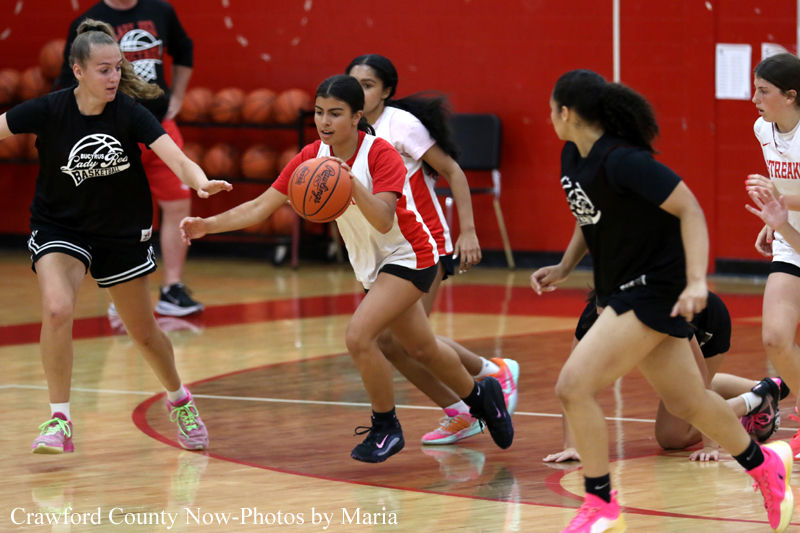 Girls' basketball game in a gym; a player in white and red dribbles the ball while defenders close in.