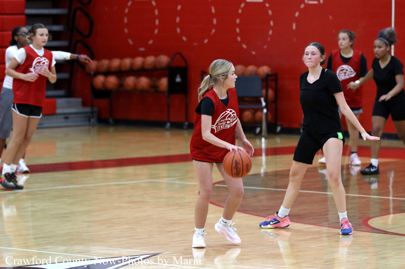 Young girls playing basketball in a gym; girl in red jersey dribbles while a defender in black prepares to guard.