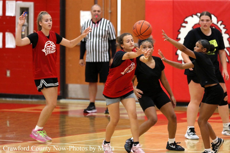 Group of girls playing basketball in a gym; center girl in red reaches for the ball while teammates defend nearby.