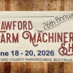 Poster for Crawford Farm Machinery Show, June 18–20, 2026, at Crawford County Fairgrounds, Bucyrus, Ohio.