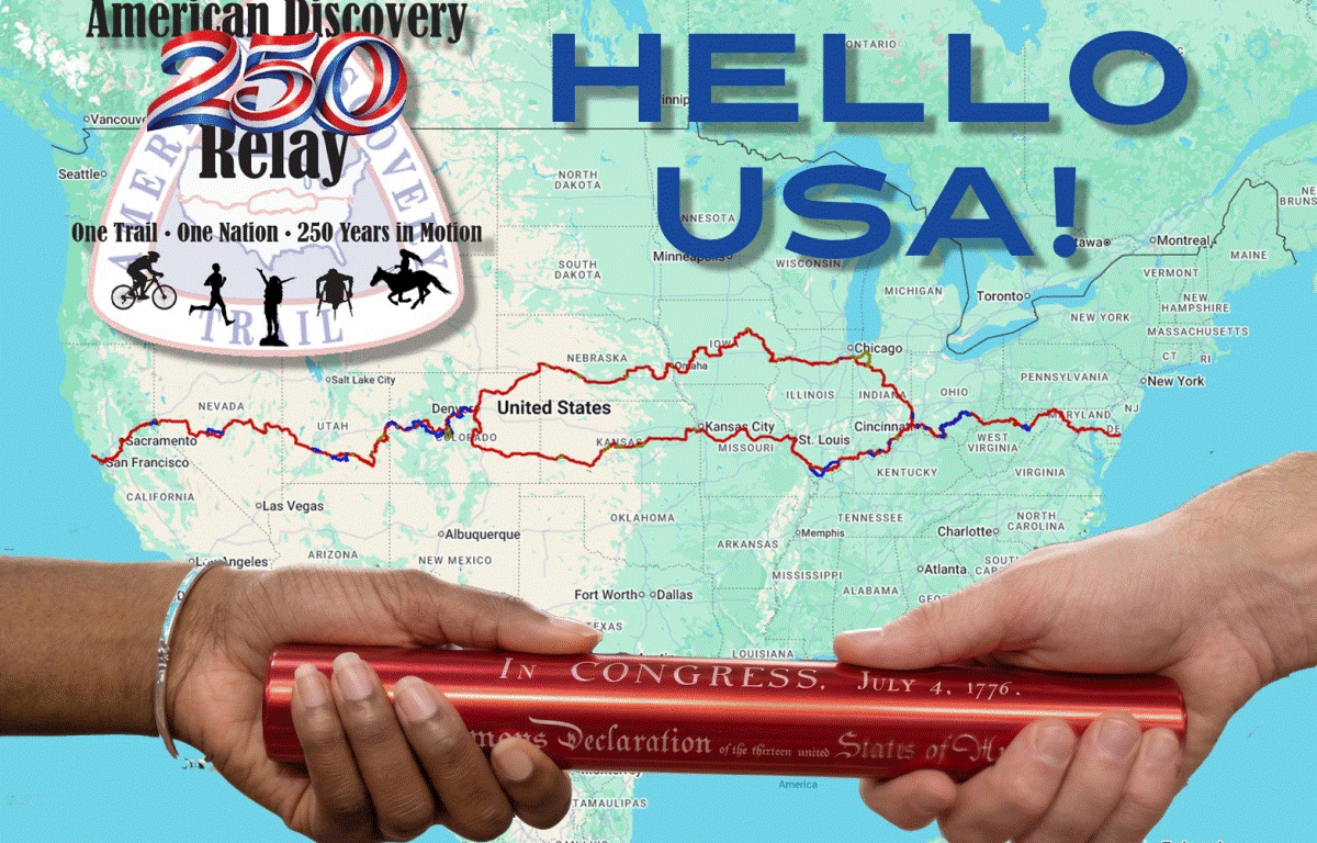 Map of the United States with a bold 'Hello USA!' title, a Relay badge, and two hands passing a red scroll/Constitution over the map.