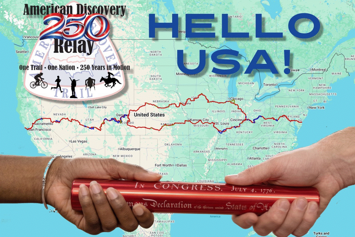 Map of the United States with a bold 'Hello USA!' title, a Relay badge, and two hands passing a red scroll/Constitution over the map.