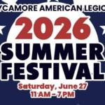 Poster for Sycamore American Legion 2026 Summer Festival with date and time: Saturday, June 27, 11 AM–7 PM.
