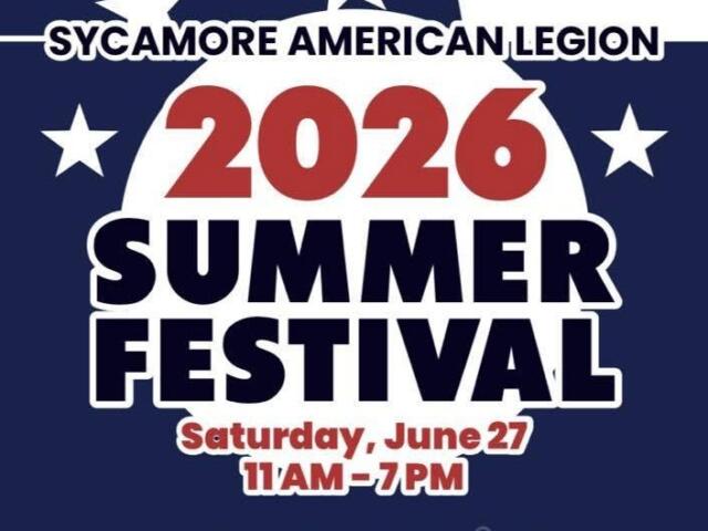 Poster for Sycamore American Legion 2026 Summer Festival with date and time: Saturday, June 27, 11 AM–7 PM.