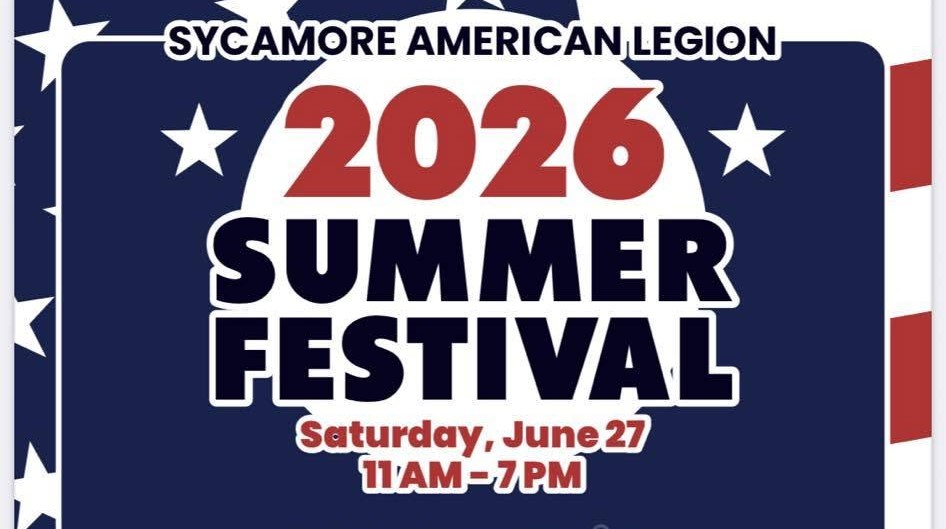 Poster for Sycamore American Legion 2026 Summer Festival with date and time: Saturday, June 27, 11 AM–7 PM.