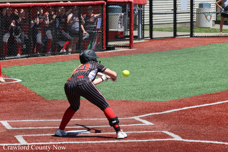 Batter in a pinstripe softball uniform, helmeted, swings at a pitch near home plate with fans behind a chain-link fence watching.