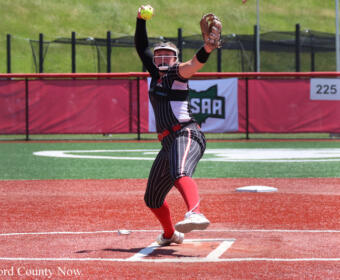 Softball pitcher in a black pinstripe uniform winds up to throw on a red infield with green grass beyond, glove raised.