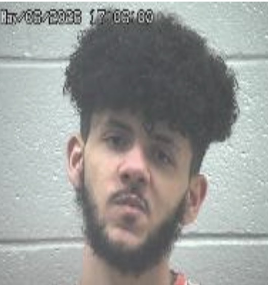 Mugshot-style photo of a young man with dark curly hair and beard against a gray wall, facing camera.