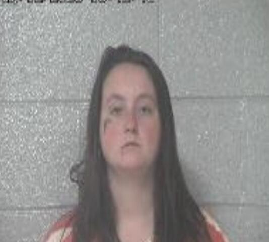 Mugshot of a woman with long dark hair, wearing a red-and-white striped shirt, against a gray cinder block wall.