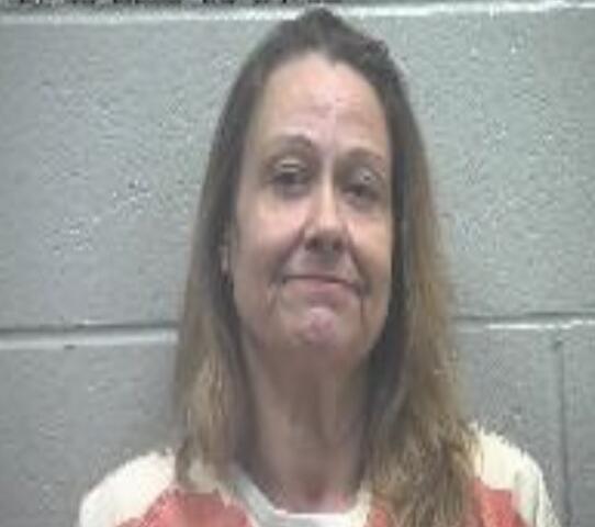 Mugshot of a middle-aged woman with shoulder-length hair in an orange-and-white striped jail uniform, against a gray cinder block wall.