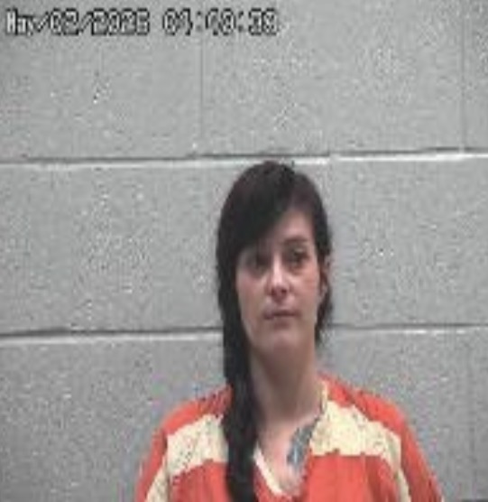 Mugshot of a woman in an orange jail uniform with a braid, against a gray cinder block wall; timestamp shown in top-left.