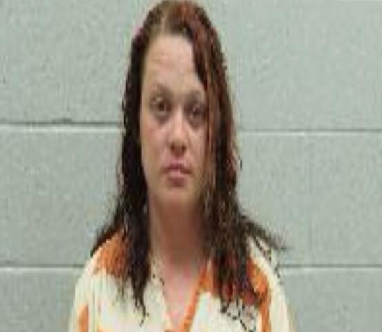 Mugshot of a woman with long brown hair in an orange jail uniform, standing against a gray cinder block wall.