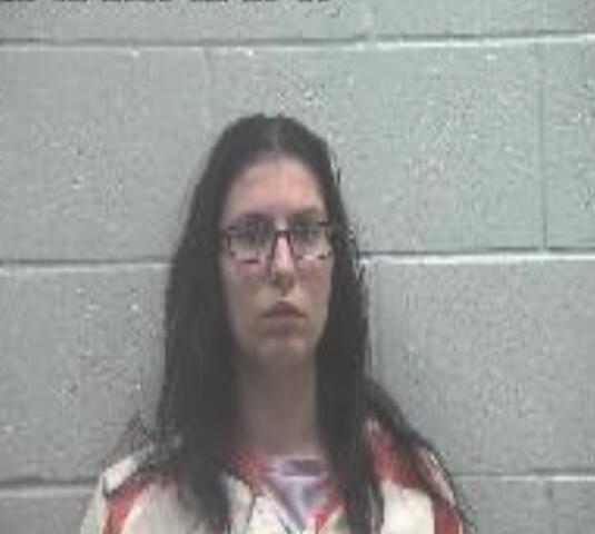 Mugshot of a woman with long dark hair and glasses, wearing an orange-and-white striped jail uniform, against a gray brick wall.