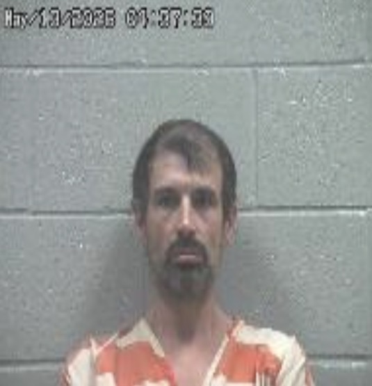 Mugshot of a man with short brown hair and goatee wearing an orange prison jumpsuit against a gray cinder block wall; date stamp visible at top.