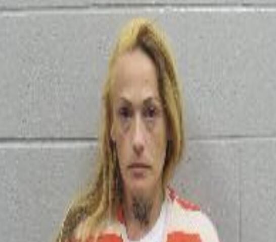 Front-facing person with long blond hair wearing an orange and white jumpsuit, standing against a gray wall (mugshot-style photo).