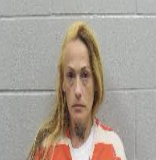 Front-facing person with long blond hair wearing an orange and white jumpsuit, standing against a gray wall (mugshot-style photo).