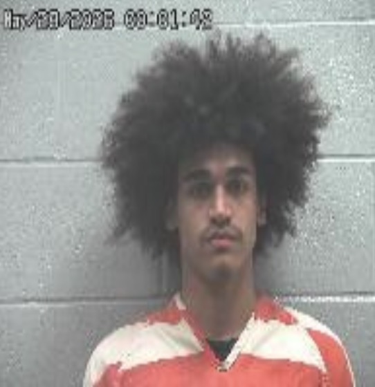 Mugshot of a young man with a large Afro against a gray cinder block wall, wearing an orange-and-white striped jail jumpsuit.
