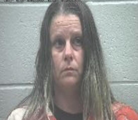 Mugshot of a woman with long, damp brown hair wearing an orange-and-white striped jumpsuit, standing against a gray cinder block wall; a timestamp appears at the top of the image.