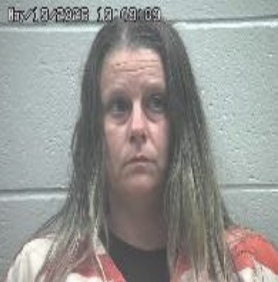 Mugshot of a woman with long, damp brown hair wearing an orange-and-white striped jumpsuit, standing against a gray cinder block wall; a timestamp appears at the top of the image.