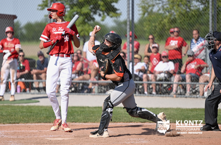Batter in red at home plate stands ready as the catcher in black crouches behind him during a sunny youth baseball game, with spectators behind a chain-link fence.