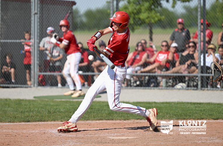 A baseball player in a red uniform swings mid-swing at a pitch, with a chain-link fence and cheering crowd in the background.