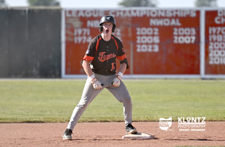 Baseball player in a black and orange uniform stands on a base, helmet on, mouth open in celebration.