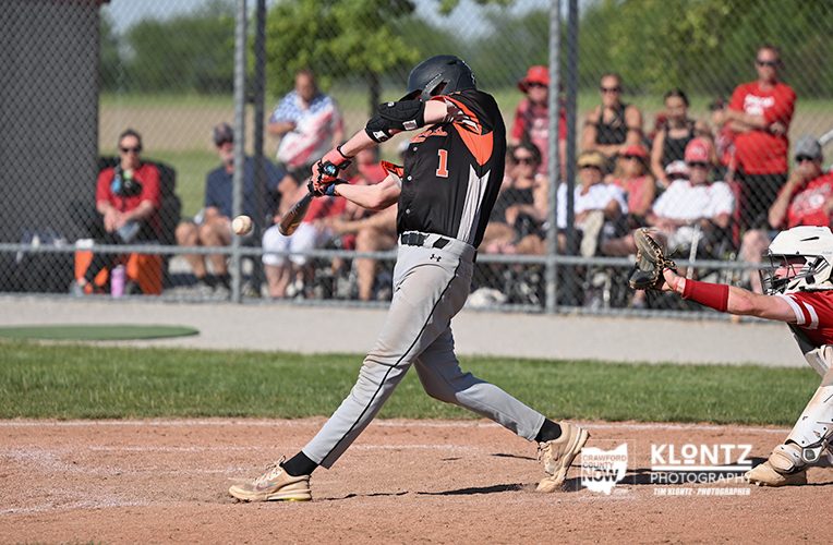 Baseball batter in black-orange uniform swings at a pitch, crowds watching from the fence in the background.
