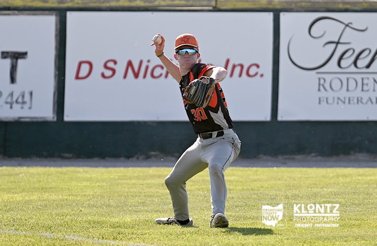 Baseball pitcher in orange-black uniform mid-pitch on a grassy field, with ads on the outfield wall behind.