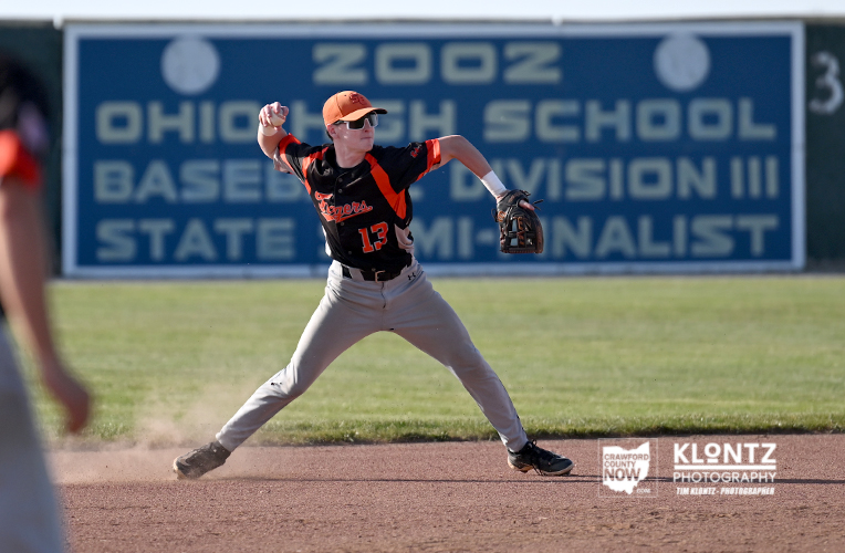 Pitcher in an orange cap and black jersey (number 13) delivering a pitch on a baseball field, with a blue sign in the outfield behind him.