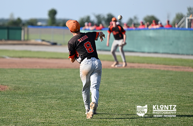Baseball pitcher in black and orange uniform throwing a pitch on a sunny field, number 8 on his back.