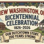 Poster-style banner announcing New Washington, Ohio Bicentennial Celebration 1826–2026, with slogan 'Our Dutch Town Story, 200 Years Strong,' featuring a log cabin on the left and a gazebo on the right, surrounded by white flowers and decorative greenery.