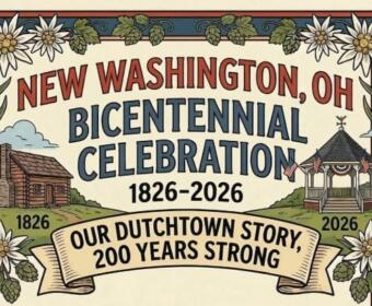 Poster-style banner announcing New Washington, Ohio Bicentennial Celebration 1826–2026, with slogan 'Our Dutch Town Story, 200 Years Strong,' featuring a log cabin on the left and a gazebo on the right, surrounded by white flowers and decorative greenery.