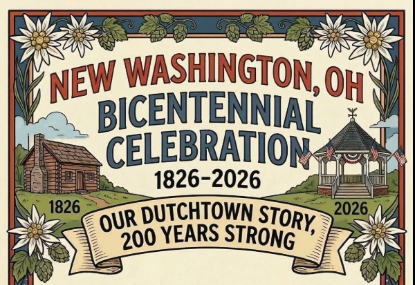 Poster-style banner announcing New Washington, Ohio Bicentennial Celebration 1826–2026, with slogan 'Our Dutch Town Story, 200 Years Strong,' featuring a log cabin on the left and a gazebo on the right, surrounded by white flowers and decorative greenery.