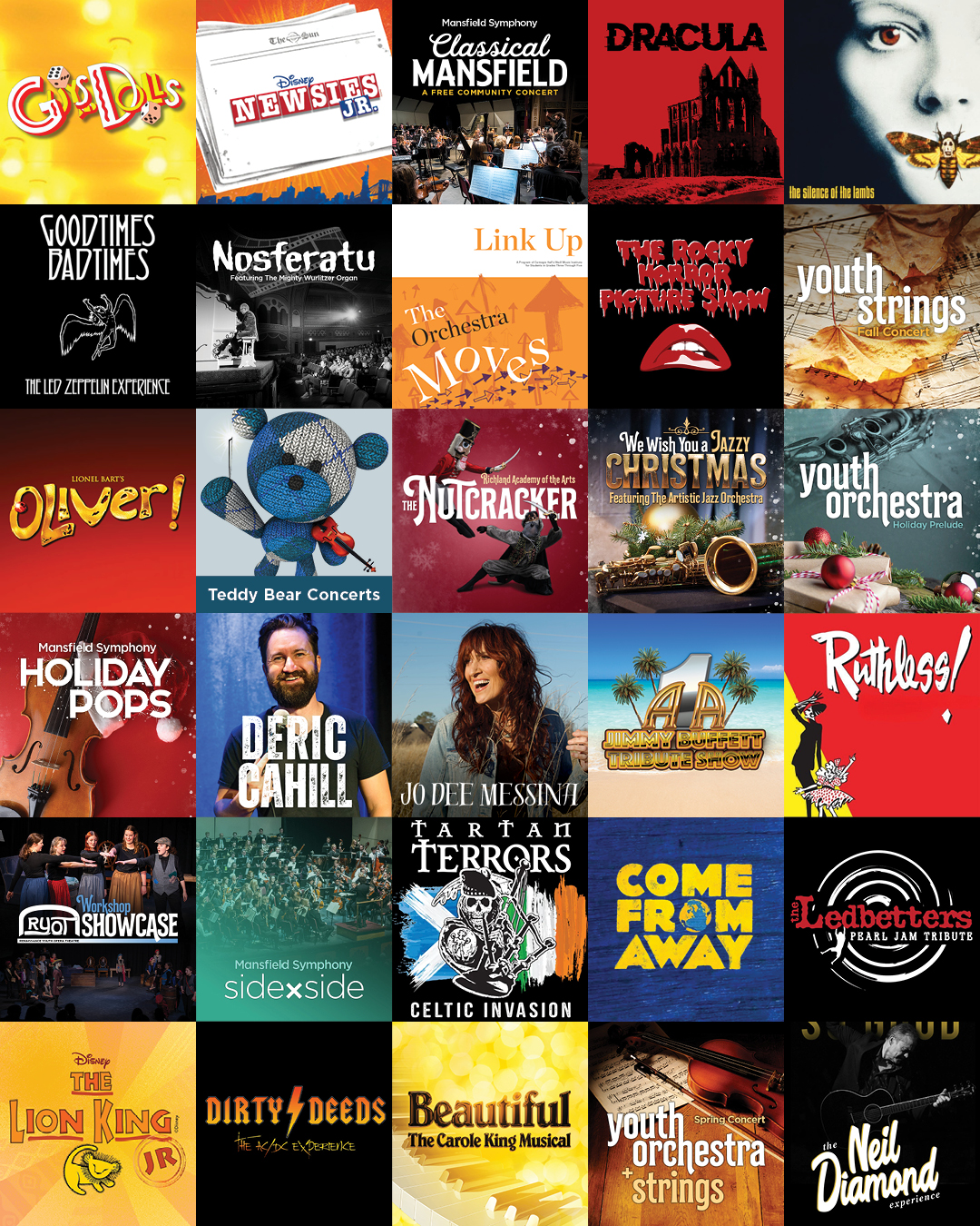Collage of colorful concert and theater posters in a grid, showcasing various shows and events.