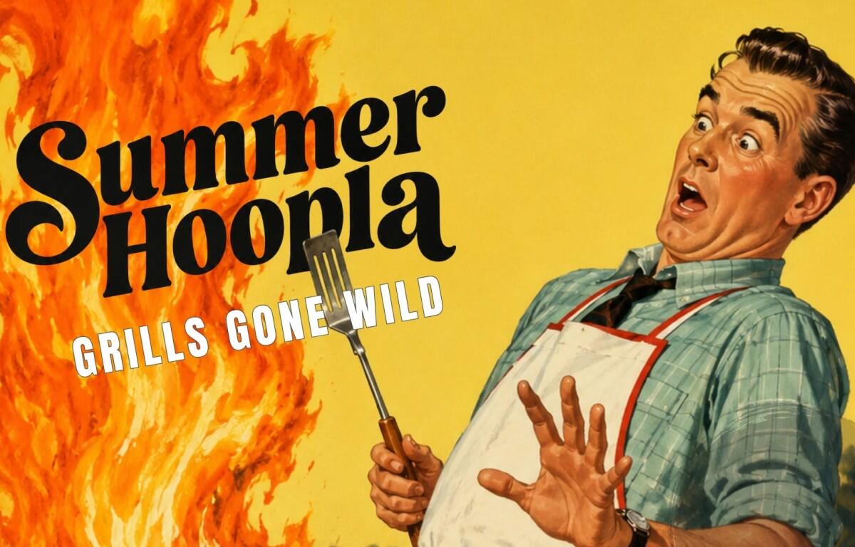 Vintage poster of a startled man in an apron with flames on the left and the bold title 'Summer Hoopla: Grills Gone Wild'.