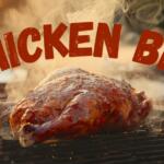 Juicy barbecued chicken roasting on a grill with wispy steam and a warm sunset, overlaid with 'CHICKEN BBQ' text.
