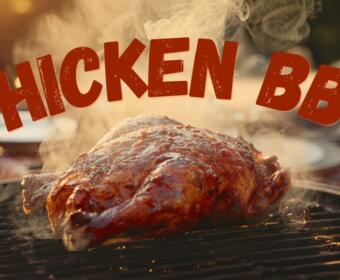 Juicy barbecued chicken roasting on a grill with wispy steam and a warm sunset, overlaid with 'CHICKEN BBQ' text.