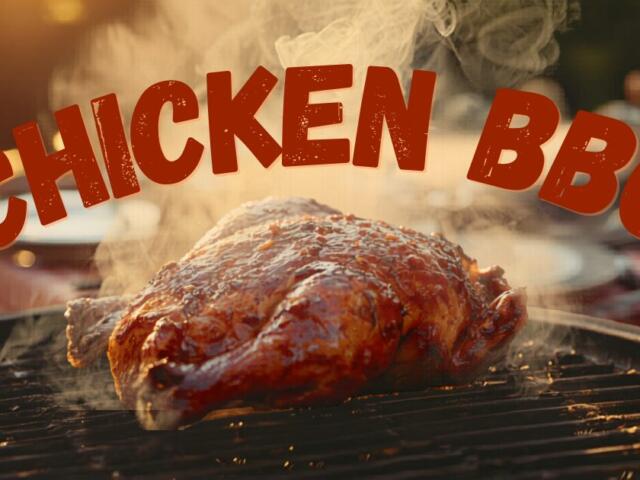 Juicy barbecued chicken roasting on a grill with wispy steam and a warm sunset, overlaid with 'CHICKEN BBQ' text.