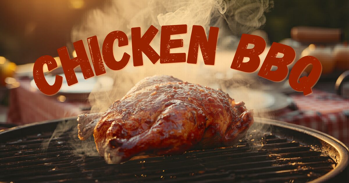 Juicy barbecued chicken roasting on a grill with wispy steam and a warm sunset, overlaid with 'CHICKEN BBQ' text.