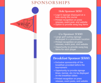 Poster for Bucyrus Golf Outing sponsorships (Aug 5, 2026) with a golf-hole graphic and three levels: Hole $150, Co-Sponsor $300, Breakfast Sponsor $500; contact info.
