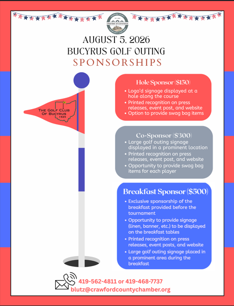 Poster for Bucyrus Golf Outing sponsorships (Aug 5, 2026) with a golf-hole graphic and three levels: Hole $150, Co-Sponsor $300, Breakfast Sponsor $500; contact info.