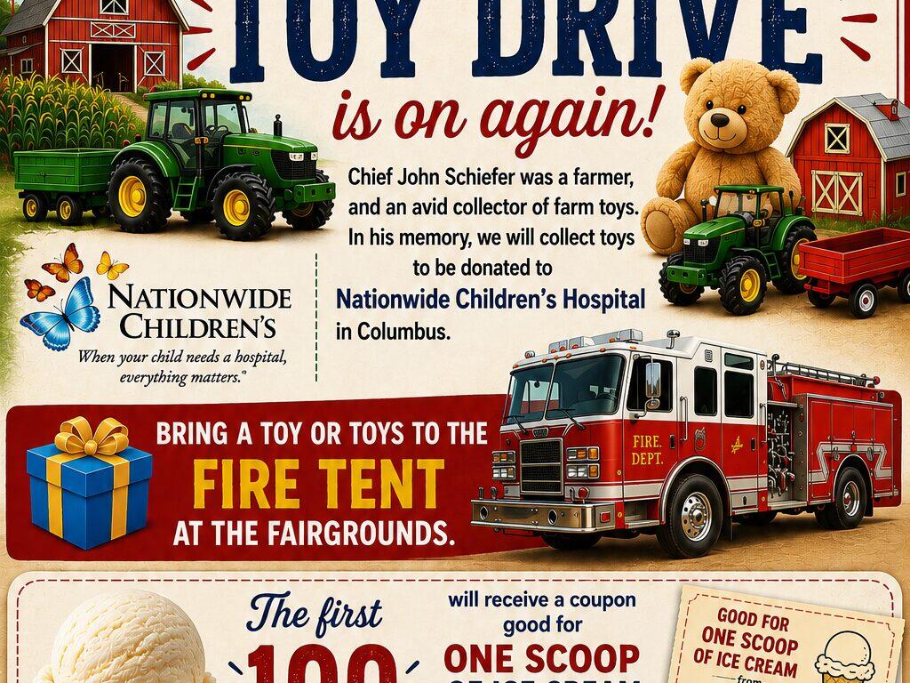 Poster for Crawford County Fair Toy Drive featuring farm scene with a tractor, barn, teddy bear, and a fire truck inviting toy donations for Nationwide Children's Hospital on ice cream day.