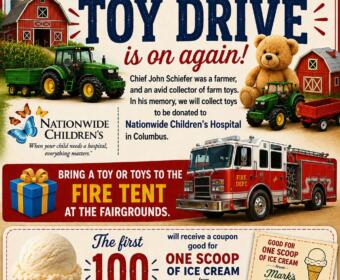 Poster for Crawford County Fair Toy Drive featuring farm scene with a tractor, barn, teddy bear, and a fire truck inviting toy donations for Nationwide Children's Hospital on ice cream day.