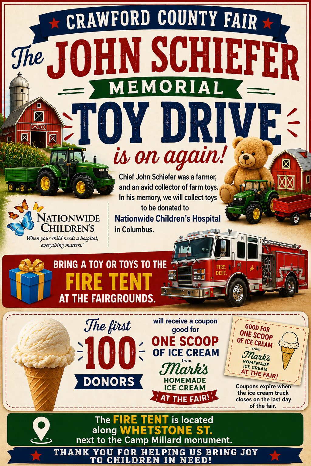 Poster for Crawford County Fair Toy Drive featuring farm scene with a tractor, barn, teddy bear, and a fire truck inviting toy donations for Nationwide Children's Hospital on ice cream day.