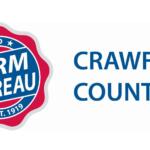 Ohio Farm Bureau seal on the left with a red badge and blue interior, and the words 'CRAWFORD COUNTY' in blue on the right.