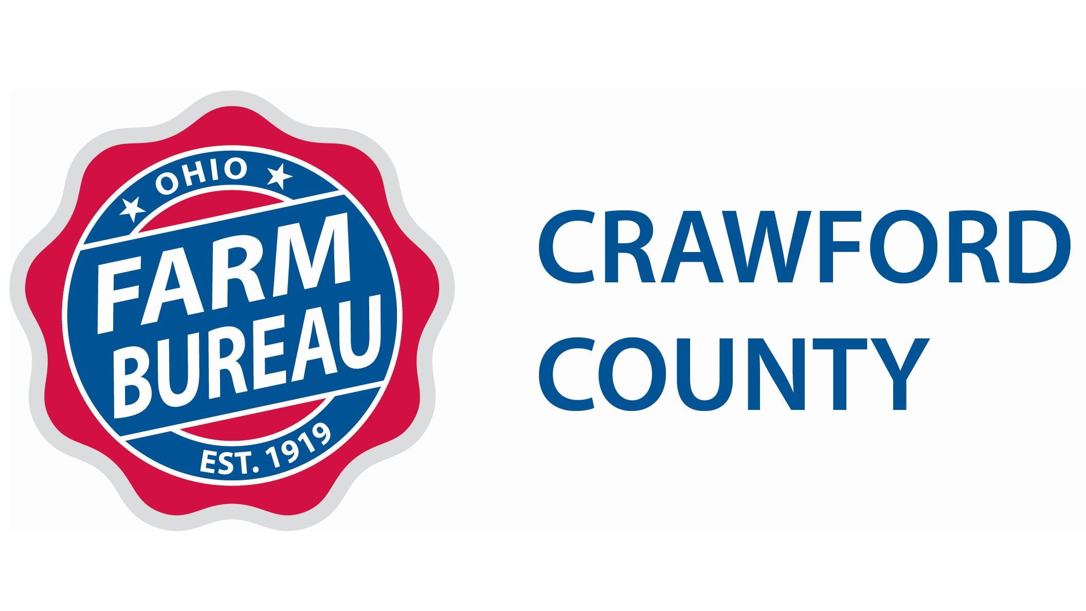 Ohio Farm Bureau seal on the left with a red badge and blue interior, and the words 'CRAWFORD COUNTY' in blue on the right.