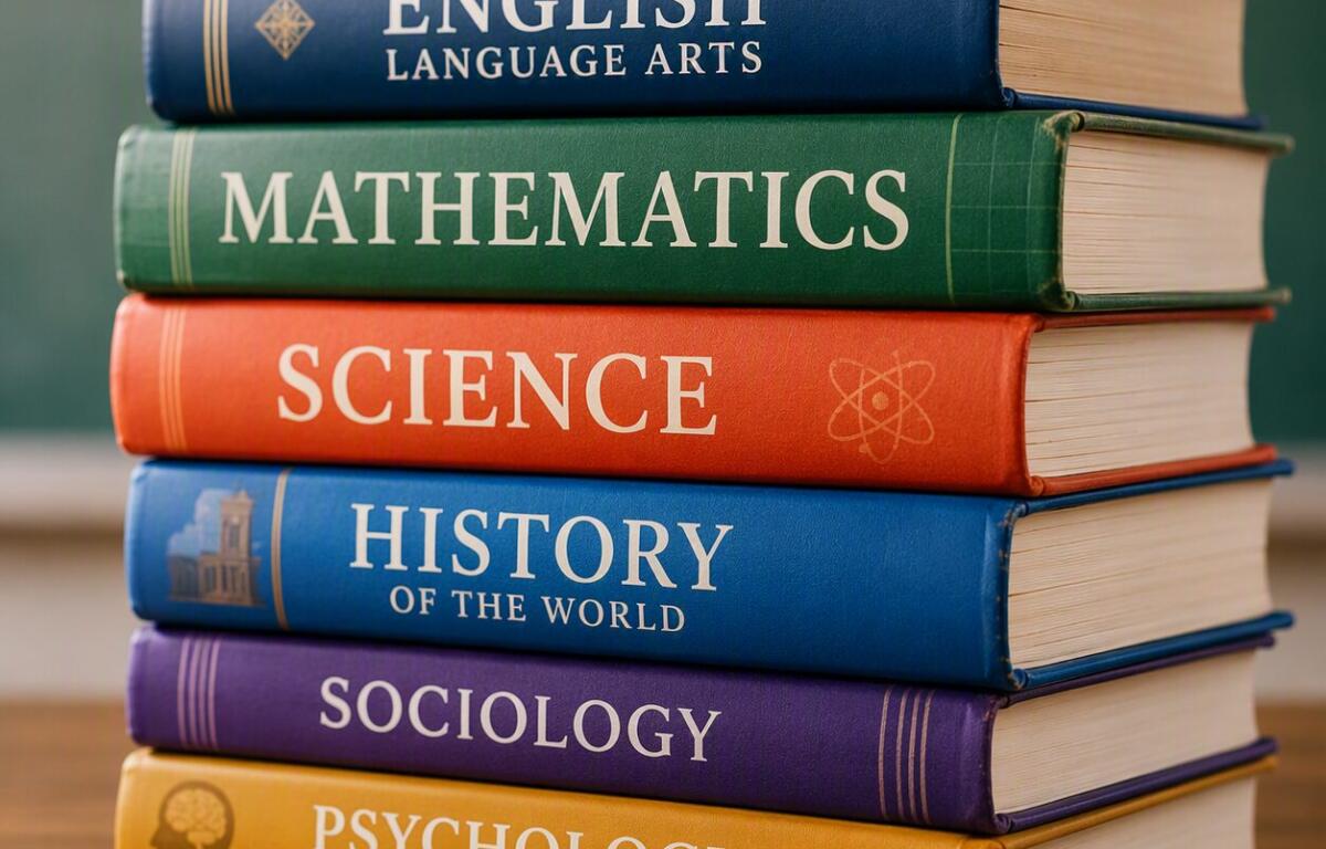 Stack of colorful textbooks on a wooden table with labels English, Mathematics, Science, History, Sociology, Psychology on the spines.