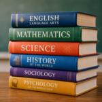 Stack of colorful textbooks on a wooden table with labels English, Mathematics, Science, History, Sociology, Psychology on the spines.