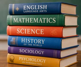 Stack of colorful textbooks on a wooden table with labels English, Mathematics, Science, History, Sociology, Psychology on the spines.