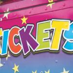 Colorful graffiti-style lettering that spells 'TICKETS' on a pink-to-blue backdrop with yellow stars.